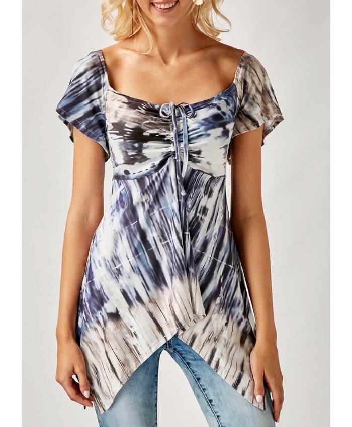 Asymmetric Hem Square Collar Printed Blouse